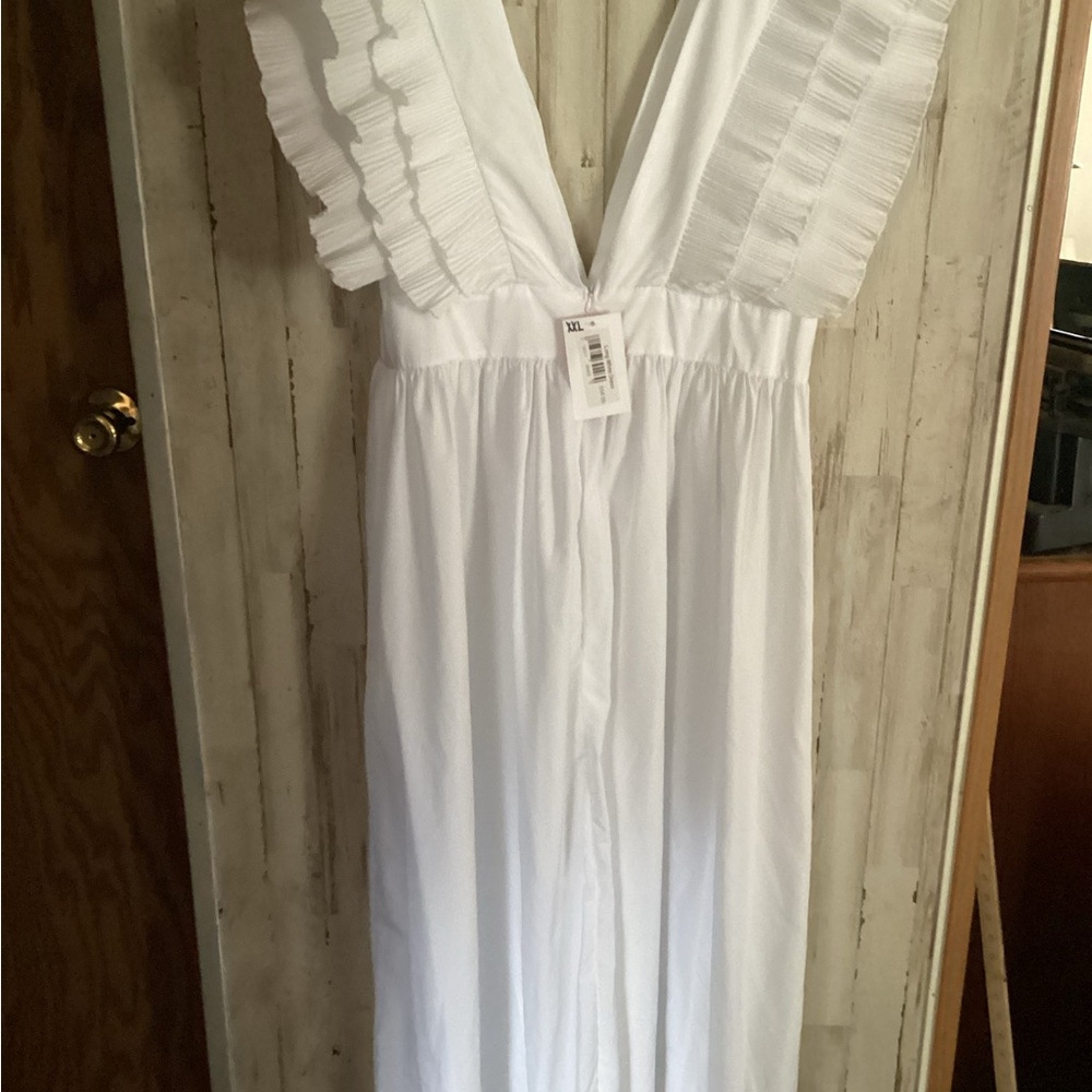 White Ruffled V-Neck Dress